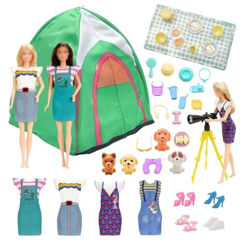 Image of 43 Pcs Dolls Travel Camping Tent Compatible with Barbie, 11.5 Inch Dolls Accessories with 1 Doll Tent 4 Dress 4 Shoes 4 Mini Puppy 7 Pet 1 Supplies Binoculars 14 Afternoon Tea 8 Travel Goods