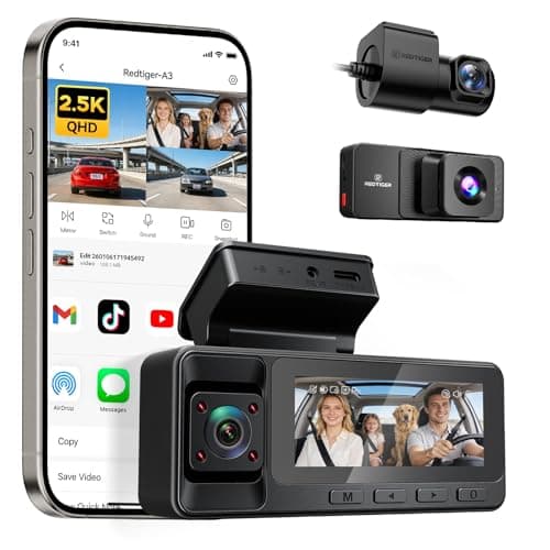 Image of REDTIGER 2.5K 3 Channel Dash Cam with WiFi, 1440P+1080P+1080P Dash Cam Front and Rear Inside, 3.18'' Screen, IR Night Vision, Loop Recording, 24H Parking Mode, No SD Card Included, Support Max 256GB