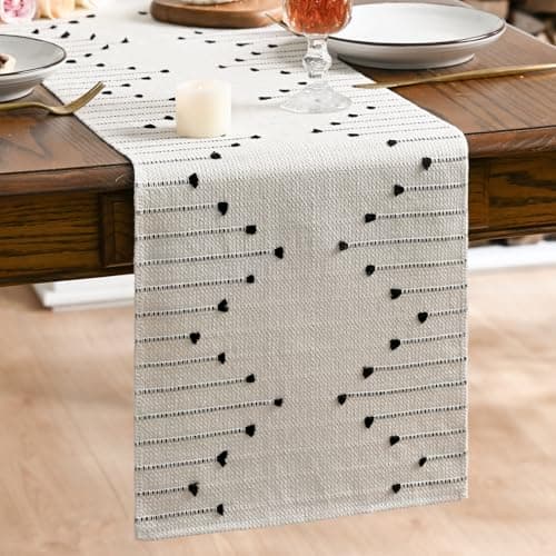 Image of Artoid Mode Boho Black Tassel Table Runner 30x183 cm, Linen Rustic Farmhouse Kitchen Dinning Table Decoration Holiday Wedding Party Birthday Decor