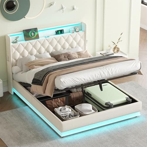 Image of ModernLuxe 5ft King Ottoman Bed Frame with Storage, LED Upholstered Bed with USB & Type-C Charging Ports, Hydraulic Lift Linen Bed with RGB Lights, Button Tufted Headboard,Beige