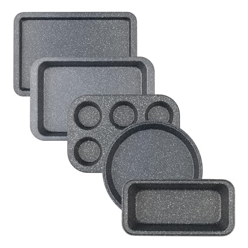 Image of Salter Megastone 5pc Bakeware Set – 6-Cup Muffin Tray, 24cm Round Cake Tin, 27cm Loaf Pan, 37cm Baking Sheet & 36cm Roaster, Non-Stick Carbon Steel, PFOA-Free, Oven Safe Up to 220°C, Easy Clean