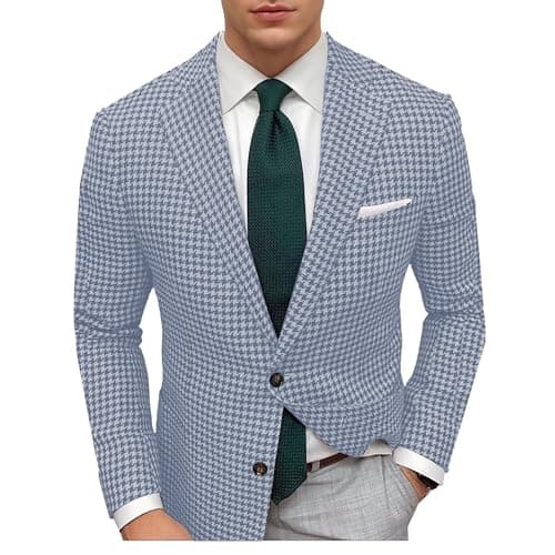 Image of DRCUIVS Men's Houndstooth Blazer Notch Lapel Single Breasted Slim Fit Business Suit Jacket Holiday Dinner Christmas Party, Light Blue, XL