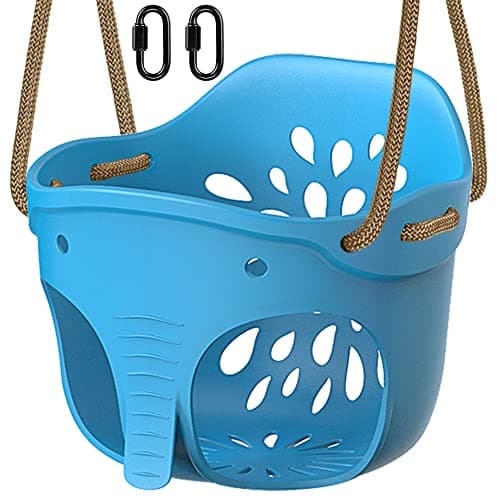 Image of BeneLabel Swing Seat, Kids Soft Plastic Bucket Swings Indoor/Outdoor Child Tree Swinging with High Back & Adjustable 130-200cm Rope for 1-3 Years Toddler/Baby, Blue Elephant / 600lbs