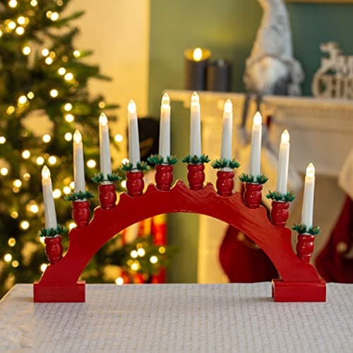 Image of The Christmas Workshop 71169 Red Arched Wooden Candle Bridge with Candle Holders / 10 Warm White LEDs/Indoor Christmas Decoration / 48cm x 34.5cm x 5cm / Battery Powered