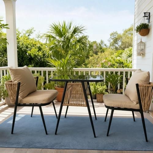 Image of Home Source Valena Bistro Set 3 Piece – Natural Rattan & Black Metal, Glass Top - 70W x 59D x 74H cm Table - 2 Seater Garden Furniture