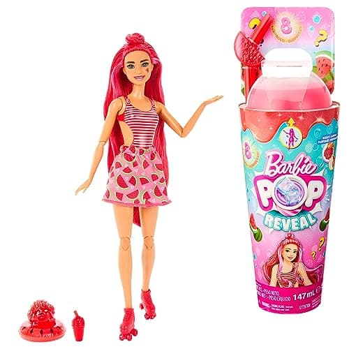 Image of Barbie Pop Reveal Fruit Series Doll, Watermelon Crush Theme with 8 Surprises Including Pet & Accessories, Slime, Scent & Color Change, HNW43