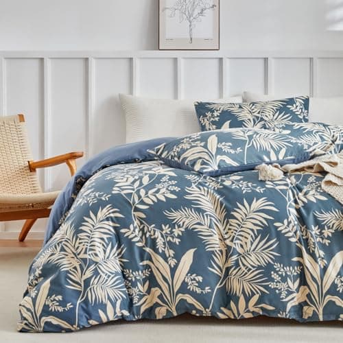 Image of Lekesky King Size Duvet Cover Sets Navy Blue Bedding, Botanical Leaf Print Bedding Sets King Size (1x Quilt Cover, 2x Pillowcases) Soft Microfibre Blue Duvet Cover 230x220 cm,