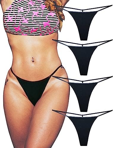 Image of KUKU PANDA Cotton G String Thongs for Women T Back Gstring Underwear Seamless Panties Low Cut Comfortable Tangas Sexy Stringsthongs 4 Pack Set (Black, Medium)