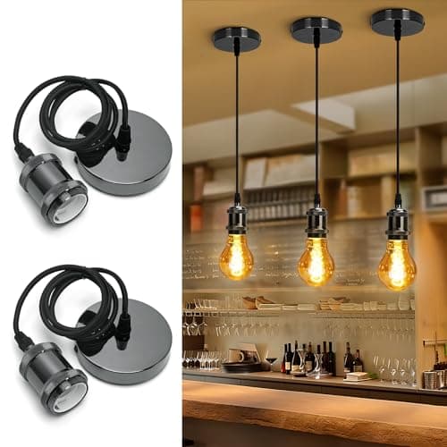 Image of Aigostar Chrome Pendant Light Fitting, Black Pendant Light Fitting with E27 Lamp Holder, Chrome Ceiling Rose Light Pendant Fitting, 2 Pack