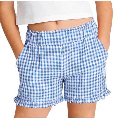 Image of Girls Shorts Gingham Ruffle Boxer Shorts, Kids Casual Lounge Striped Beach Bottoms Athletic Dolphin High Waisted Running Short Pants Casual Stretchy Summer Wear Blue 7-8 Years
