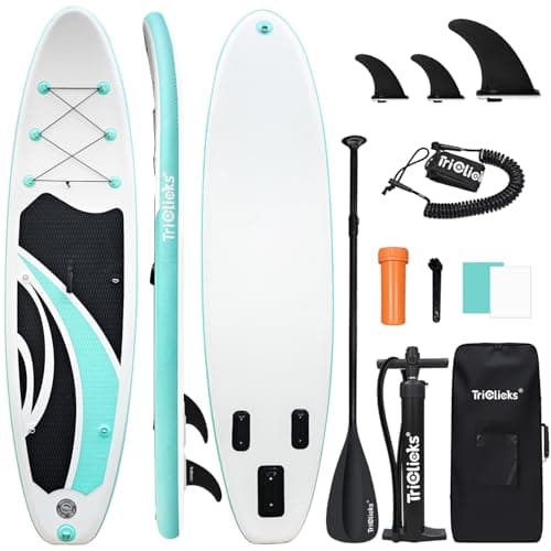 Image of Triclicks 10ft Stand Up Paddle Boards Inflatable SUP Board Surfboard - Beginner's Kit. Adjustable Paddle, Air Pump With Pressure Guage, Fin, Repair Kit, Premium Leash & Rucksack (Style 11)