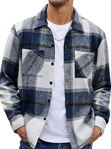 Image of EUDOLAH Men's Brushed Flannel Overshirt Vintage Plaid Long Sleeve Shirt Jacket Button Down Collar Casual Urban Style(M,Navy Blue Plaid)