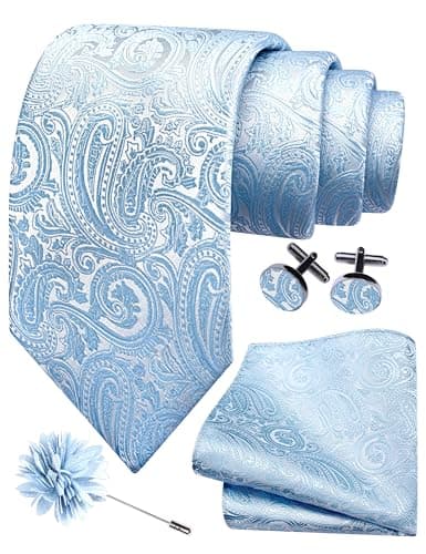 Image of Gusleson Mens Baby Blue Tie for Wedding Silk Paisley Necktie Pocket Square Cufflinks and Lapel Pin Brooch Set (UK6103-34)