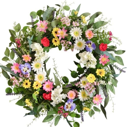 Image of CIR OASES 24-inch Spring Wreath Artificial Flowers Green Leaves Wreath for Front Door Corridor Indoor Outdoor Home Decoration, Wedding Party Festival Celebration Decoration
