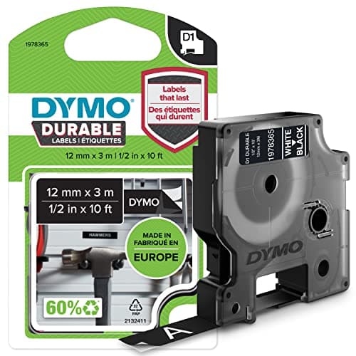 Image of DYMO Authentic D1 Durable Labels | White Print on Black Tape | 12 mm x 3 m | Labelling Tape for LabelManager Label Makers
