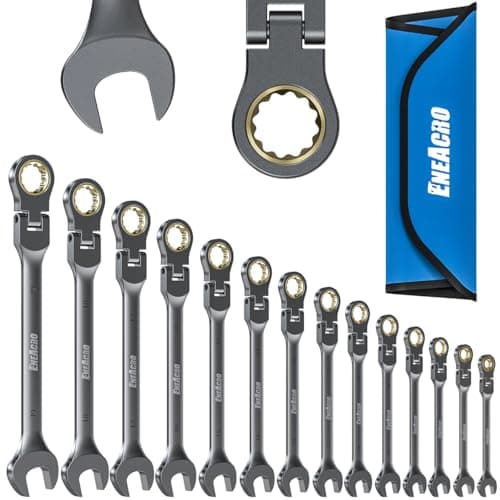 Image of ENEACRO Articulated Ratchet Spanner Set, 14 Pieces, 6-19 mm, Flex Head Non-Slip Combination Spanner, Open-End Spanner Combination Spanner Set, 72 Teeth, Cr-V, Nickel-Plated, with Roll Bag