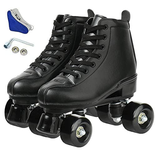 Image of XUDREZ Roller Skates Double Row Skates Adjustable High-top Women Men RollerSkates Adult Roller Derby Skates for Indoor Outdoor (Black black wheel,39=UK:6.5)