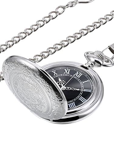 Image of Quartz Pocket Watch for Men with Black Dial and Chain (Silver)