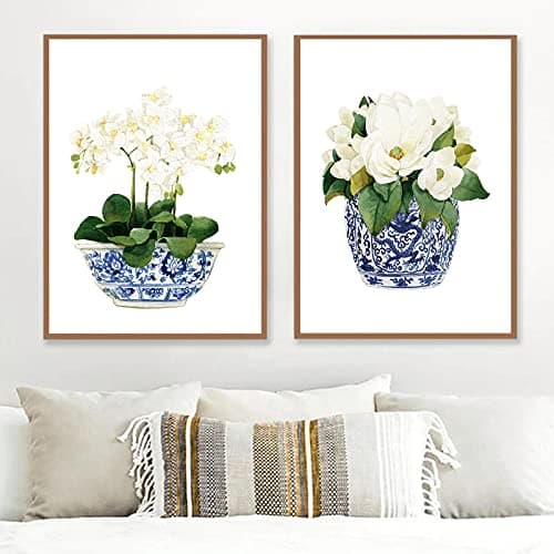 Image of VLOLIFE White Orchid & Magnolia Watercolor Chinoiserie Decor Canvas Print Oriental Vase Blue White Willow Style Porcelain Flower Jar No Frame, 16X24inchX2 Unframed