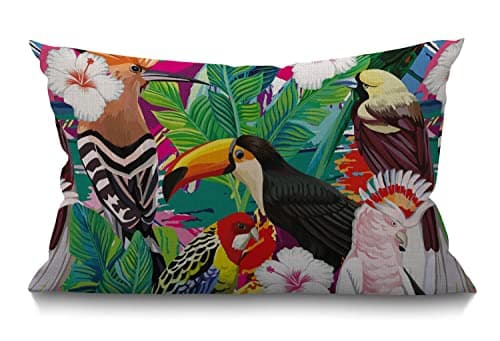 Image of BGBDEIA Oblong Cushion Cover Farmhouse 12x20 Inch Soft Linen Throw Pillowcase Tropical Bird Toucan Leaves and Hibiscus Flowers Pillow Cover for Couch Bed Sofa Chair,30 x 50 cm