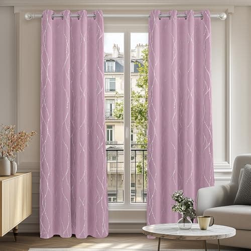 Image of Deconovo Super Soft Dotted Line Foil Printed Thermal Insulated Window Treatment Eyelet Blackout Curtains for Nursery 52 x 54 Inch Light Pink Two Panels