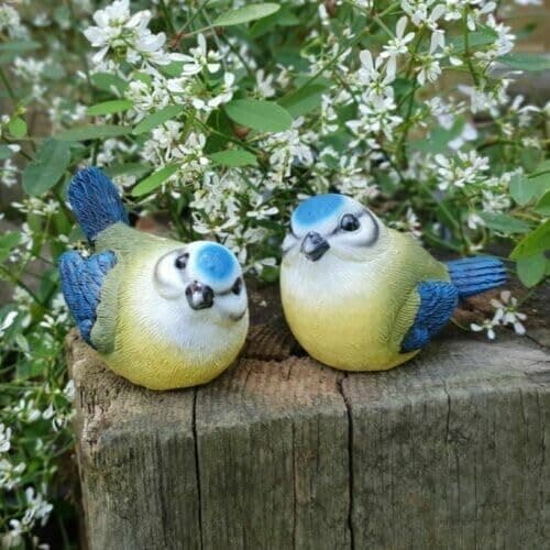 Image of Set of 2 Blue Polyresin Tit Bird Statues Indoor Garden Animal Bird Decor Gift Ornament