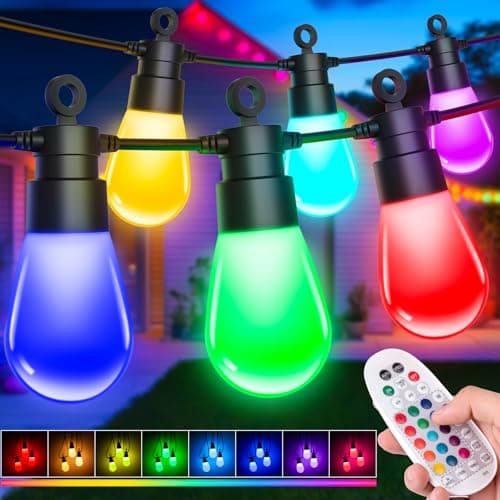 Image of Festoon Lights Outdoor Mains Powered - 69FT/21.1M Garden String Light, RGB Coloured Dimmable LED with Remote Control, IP65 Waterproof Christmas Lights for Outside Gazebo Party Balcony Patio Fence