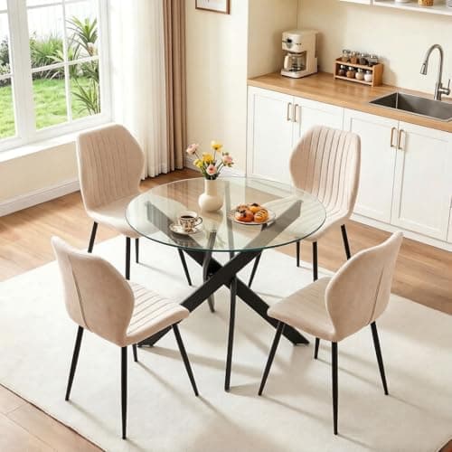 Image of Warmiehomy Tempered Glass Round Dining Table and Chairs Set 4, Modern Compact Small Kitchen Dining Table with 4 Chairs for Small Space Home Apartment, Living Room, Receptions (Beige Chair)