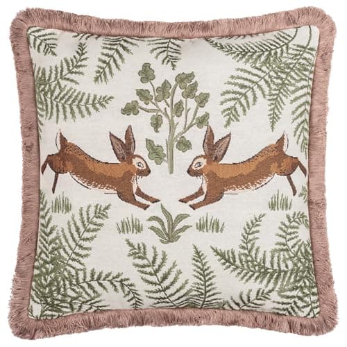 Image of furn. Wylder Fable Rabbits Cushion Cover – Embroidered Woodland Cottage Cotton Decorative Case (Willow Green – 30x50cm)