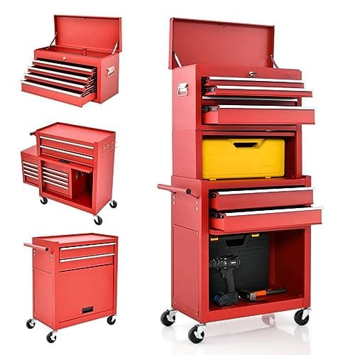 Image of TANGZON Lockable Tool Cabinet, Rolling Tool Chest Combo with Wheels, Drawers, Hooks & Side Handle, Detachable Garage Workshop Tool Cart Trolley (with Middle Compartment, Red)
