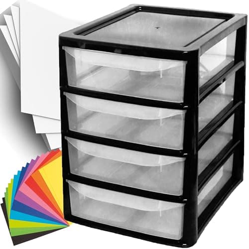 Image of A4 Desktop Plastic Storage Drawers Table Top Organiser 4 Pull Out Drawers Storage Tower Unit For Home, School, Office, Bedroom & Living Room (1, Black)