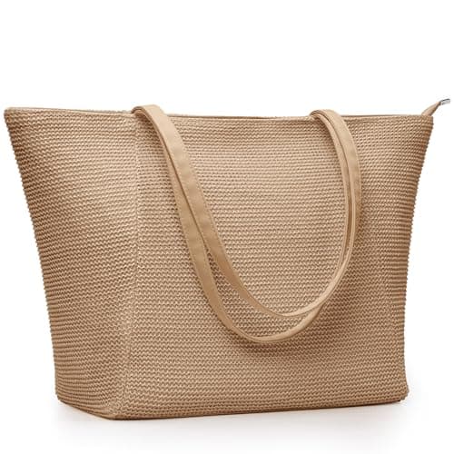 Image of KALIDI Straw Beach Bag for Women Straw Tote Bag with Zip Large Handbag Summer Holiday Bag