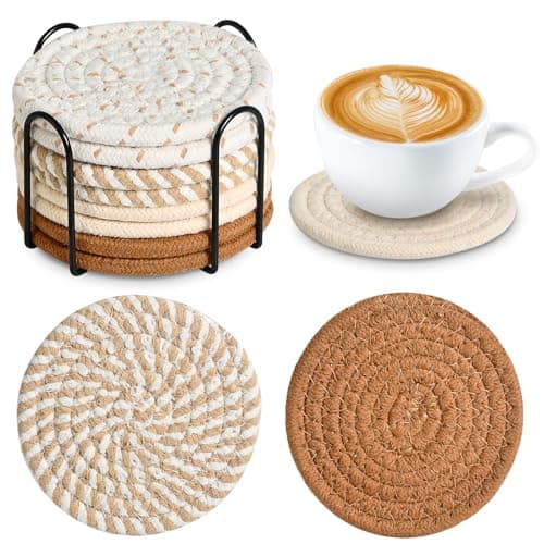 Image of Set of 8 Coasters for Drinks, Round Woven Coaster Cotton Woven Coaster,Absorbent Drink Coasters,Handmade Braided Fabric Coasters,Water Absorbent Coaster Set with Holder