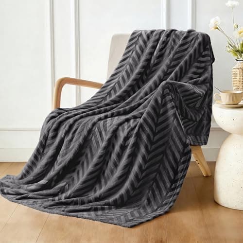 Image of Whale Flotilla Flannel Fleece Throw Blanket for Sofa, 130x150 CM Soft Fluffy Velvet Sofa Blanket with Decorative Chevron Pattern for All Season, Warm and Lightweight, Dark Grey