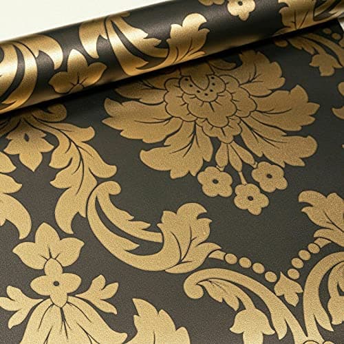 Image of SOPHIE LAURENCE Traditional Vintage Metallic Floral Gold Black Damask Wallpaper for Living Room Bedroom