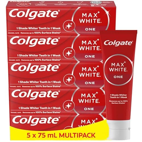 Image of Colgate Max White One Whitening Toothpaste 5 x 75ml | Clinically Proven Formula That Removes up to 100% of Surface Stains | 1 Shade Whiter in 1 Week | Teeth whitening Toothpaste | Fluoride Toothpaste