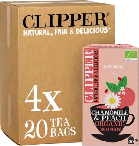Image of Clipper Organic Chamomile and Peach Infusions Fruit Teabags, 80 Infusions Tea Bags (4x Boxes of 20), Caffeine-Free Herbal Tea, Natural, Unbleached, Plant Based