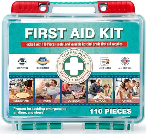 Image of General Medi 110 Pieces Small First Aid Kit - HardCase First Aid Box - Contains Premium Medical Supplies for Travel, Home, Office, Vehicle, Camping, Workplace & Outdoor