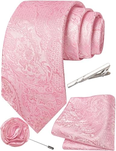Image of Ailisus Light Pink Ties for Men Paisley Silk Woven Necktie and Pocket Square Lapel Pin Tie Clip Set for Wedding Business