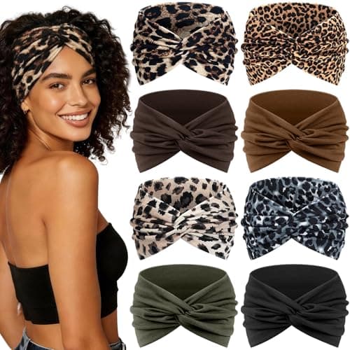 Image of Awumbuk Wide Headbands for Women, 7.08 Inch Thick Leopard Print Turban Style Hair Wraps, Non-Slip Moisture-Wicking Workout Headband for Sports, Yoga, Daily Fashion, 8 Pack Multi Colors (Green)