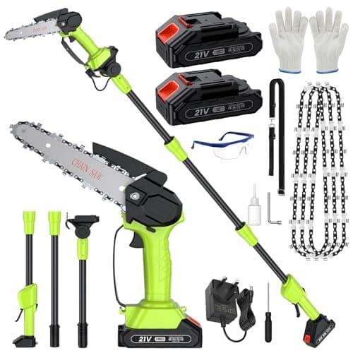 Image of Cordless Pole Saw 12.47Ft, 2 in 1 Long Reach Saw & Handheld Chainsaw 6'', 90° Adjustable Head 2 * 4.0 Ah Rechargeable Battery Electric Extension Pole Chainsaw 4* Chain for Garden Tree Trimming