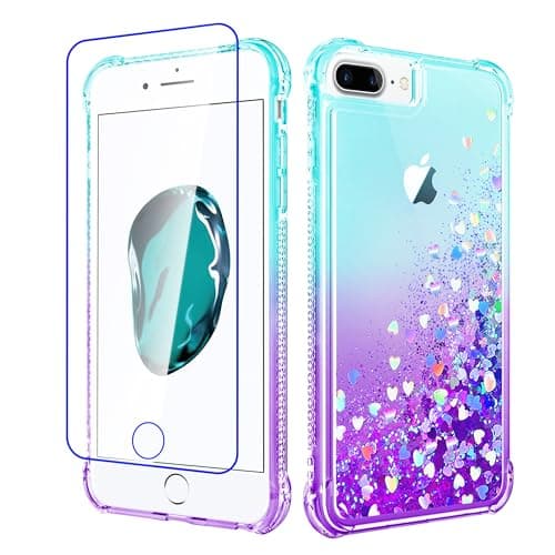 Image of Pilaru Lovely for iPhone 8 Plus/7 Plus/6 Plus/6S Plus Case Clear Liquid Heart Glitter Soft TPU Cover Transparent Girly Protective Phone Case for iPhone 6 Plus,Green-Purple