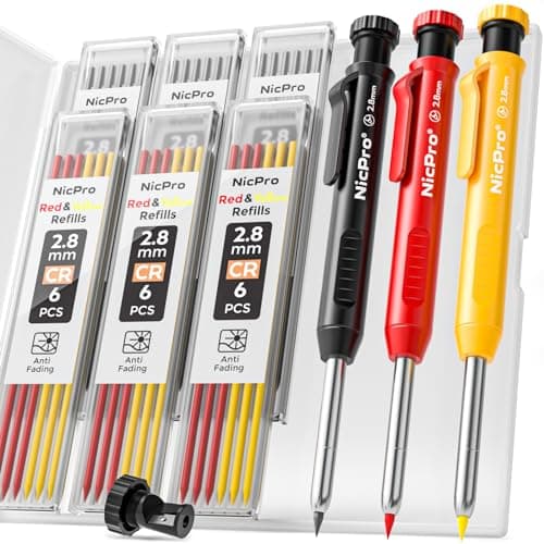 Image of Nicpro 3 Pack Carpenter Pencil with Sharpener, Mechanical Carpenter Pencils with 39 Refills, Deep Hole Marker Construction Carpentry Pencils, Architect Pencil for Woodworking (Red, Black, Yellow)