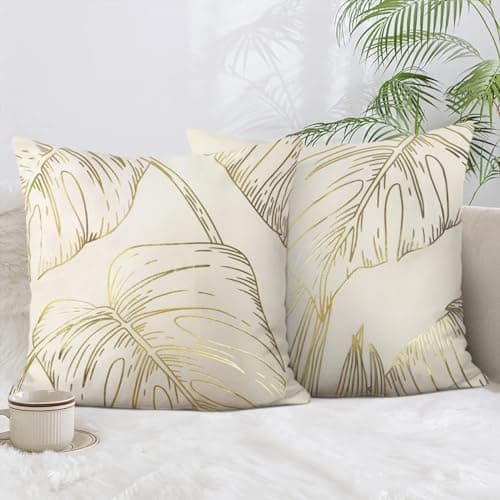 Image of Bonhause Gold Leaves Cushion Covers 45 x 45 cm Gold Foil Printing Decorative Throw Pillow Covers Soft Velvet Pillowcases for Sofa Living Room Bedroom Home Decor Set of 2