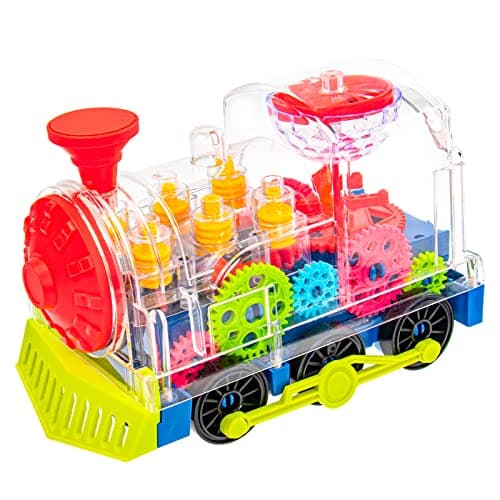 Image of SWTOIPIG Gear Train Toy Light Up Music Electric Train Toy Transparent Rotating Mechanical Gear for Kids Educational Cartoon with Flashing Light Sound Music Locomotive