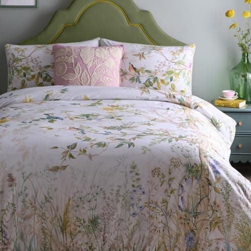 Image of Appletree - Garden Foliage & Birds Duvet Cover - Double Bedding Size (200 x 200cm) - 200 Thread Count - Piped Edge - Soft 100% Cotton - 2 Pillowcases - Floral Duvet Cover in Natural - Flower Bedding