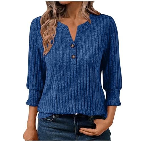Image of Women's 3/4 Sleeve Jumpers Casual Stylish Knitted Sweater Pullover Solid Sweatshirt Baggy Jumpers for Women UK Basic Button V Neck Ladies Knit Tops Winter Cosy Knitwear Navy
