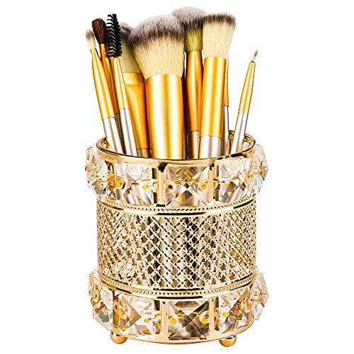 Image of Tiardey Reticulated crystal Makeup Brush Holder Organizers for Vanity, Handcrafted Cosmetics Brushes Cup Storage(Gold)
