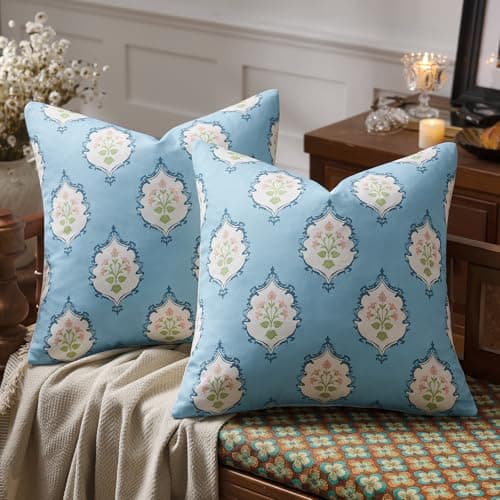 Image of GIGIZAZA Blue Cushion Covers 45x45: Set of 2 Pillow Covers Soft 100% Cotton Fabric for Couch - Decorative cushions Floral Pattern Room Decor Square Pillowcase Bedroom,Living Room,Farmhouse