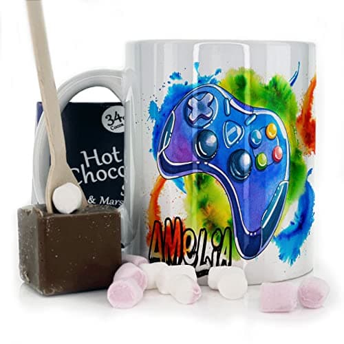 Image of Personalised Mug and Belgian Milk Chocolate/Hot Chocolate Stirrer Marshmallow Gift Set, Customised with Name / Initials, (11oz) White, Yellow, Blue, Black, Pink Mug with Blue Gaming Controller Design